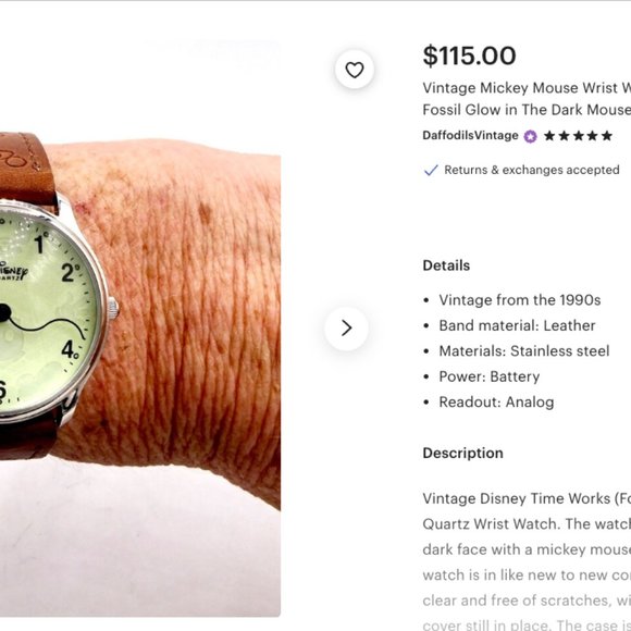 Vintage Mickey Mouse Wrist Watch Disney Time Works Fossil Glow in the dark Mouse